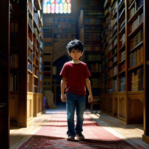 a young boy standing in a library with a red shirt on and a red rug on the floor and a stained glass window