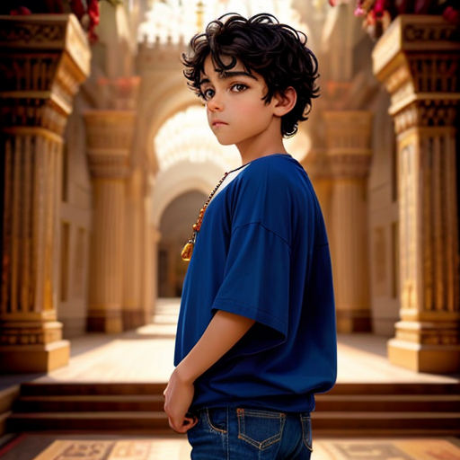 a young boy standing in a hallway with a blue shirt on and a red flower hanging from the ceiling