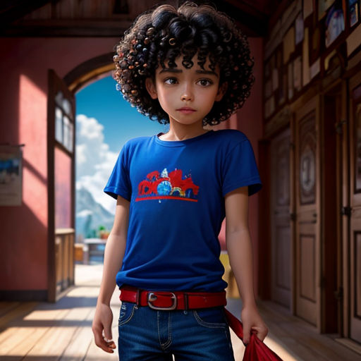 a young boy with a curly afro standing in a hallway with a red bag in his hand and a red purse in his other hand