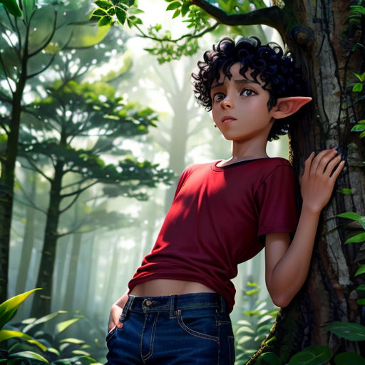 a young boy leaning against a tree in a forest with a forest background and a forest scene in the background