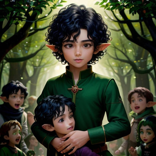 a painting of a boy and a girl hugging in a forest with elves around them and a forest background