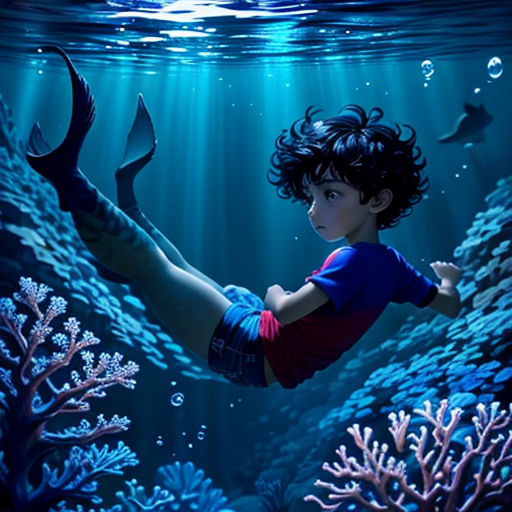 a painting of a boy swimming in the ocean with a shark in his hand and corals in the water