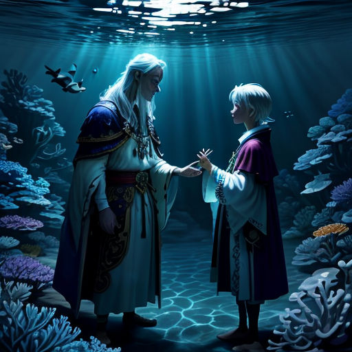 a painting of a man and a woman in a blue underwater scene with a fish and corals in the background