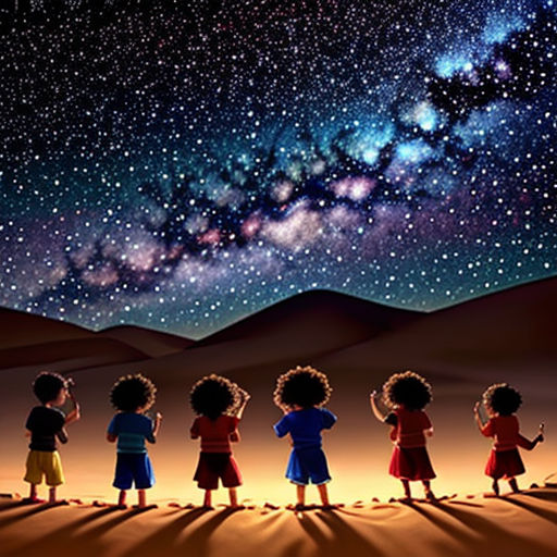 a group of children standing in the desert under a night sky with stars and the milky in the background
