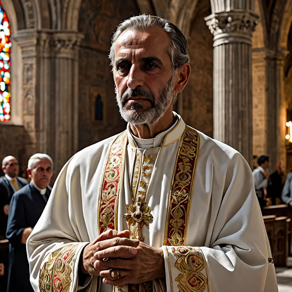 a man in a priest's outfit standing in a church with other people in the background and a stained glass window, romanesque, a character portrait, Cimabue, promotional image