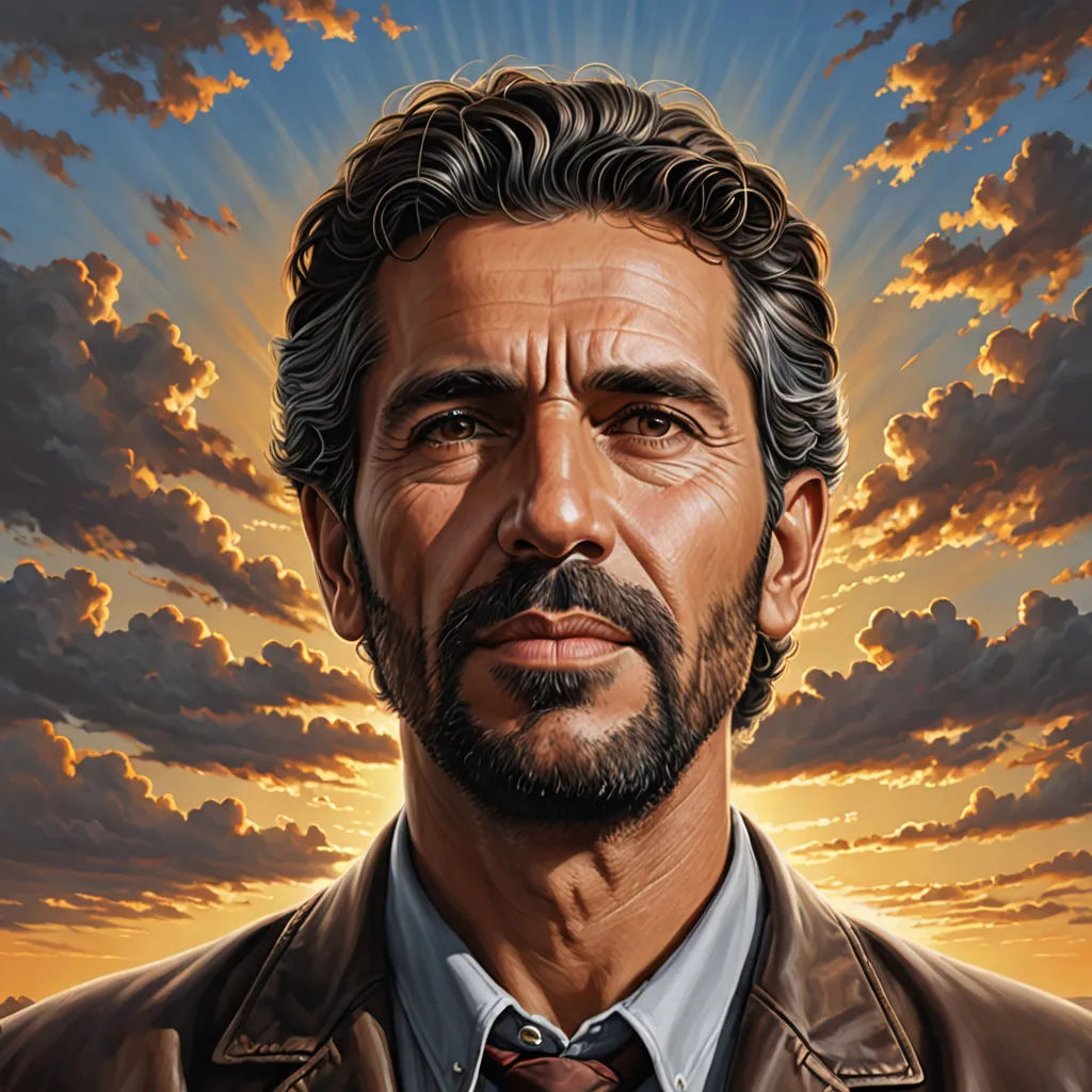 a painting of a man with a beard and a suit on, with a sunset in the background and clouds in the sky, hyperrealism, a character portrait, David Palumbo, highly detailed digital painting