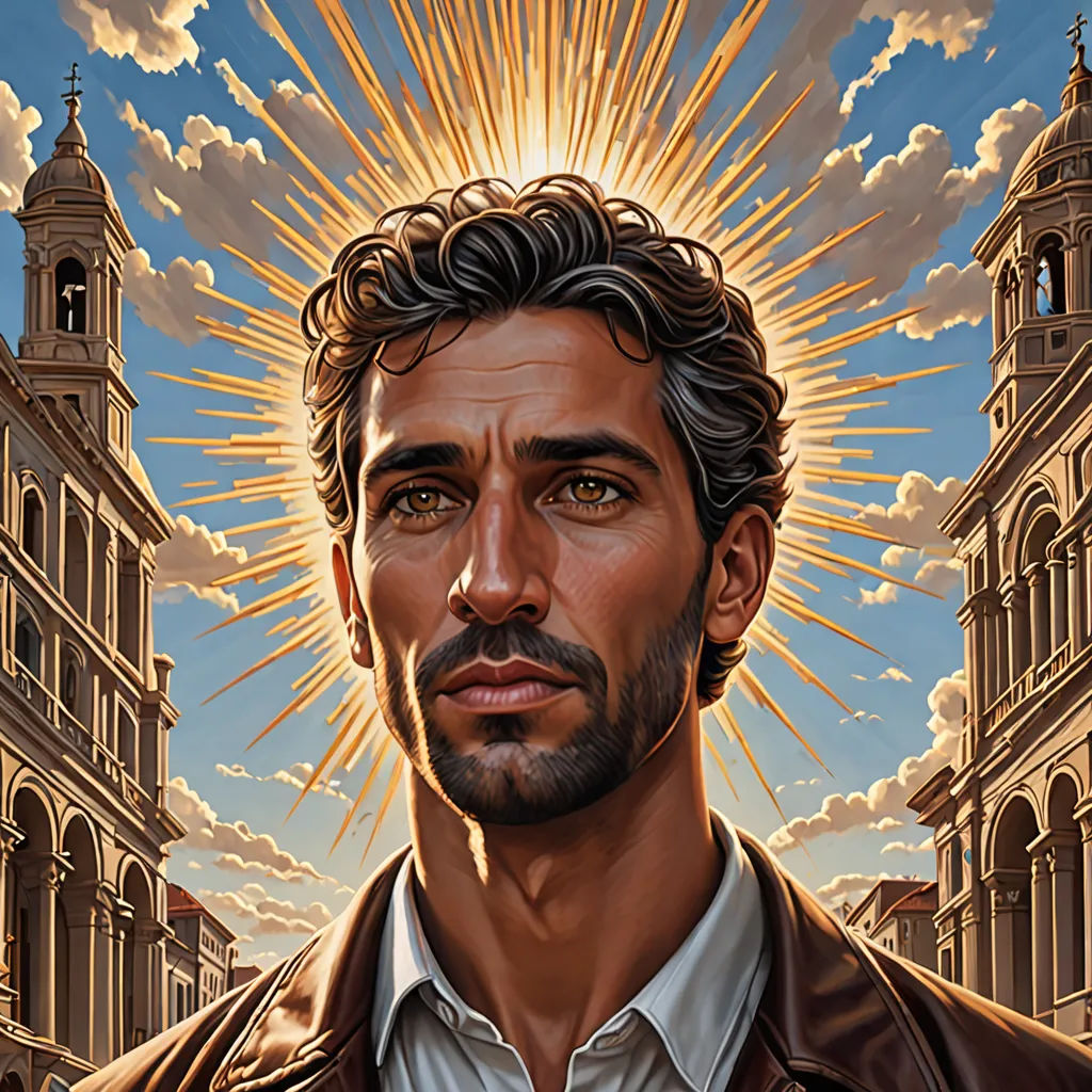 a painting of a man with a brown jacket and a white shirt and a building in the background with a sun shining through the clouds, renaissance, a character portrait, Donato Giancola, highly detailed digital painting