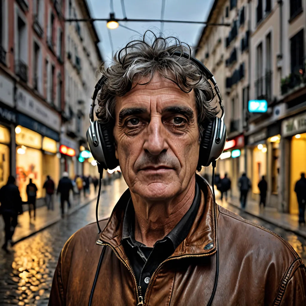 a man wearing headphones on a city street in the rain with a brown jacket and headphones on, hyperrealism, a character portrait, Enzo Cucchi, promotional image