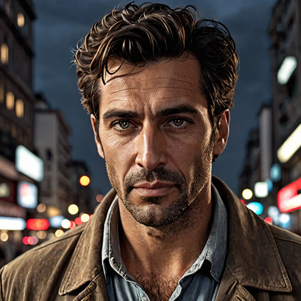 a man in a leather jacket is standing in a city at night with a street light in the background, hyperrealism, a character portrait, Christen Købke, promotional image
