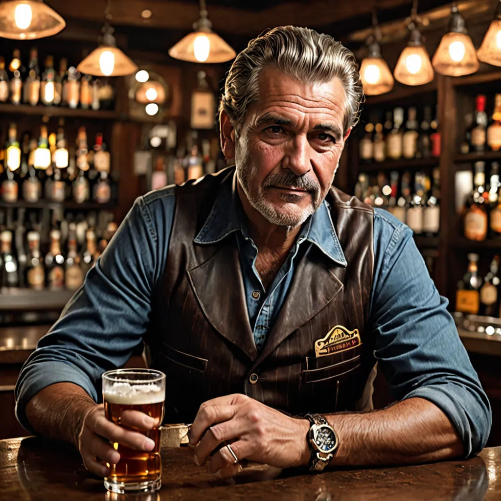 a man sitting at a bar with a glass of beer in front of him and a lot of bottles behind him, american realism, a character portrait, Don Arday, promotional image