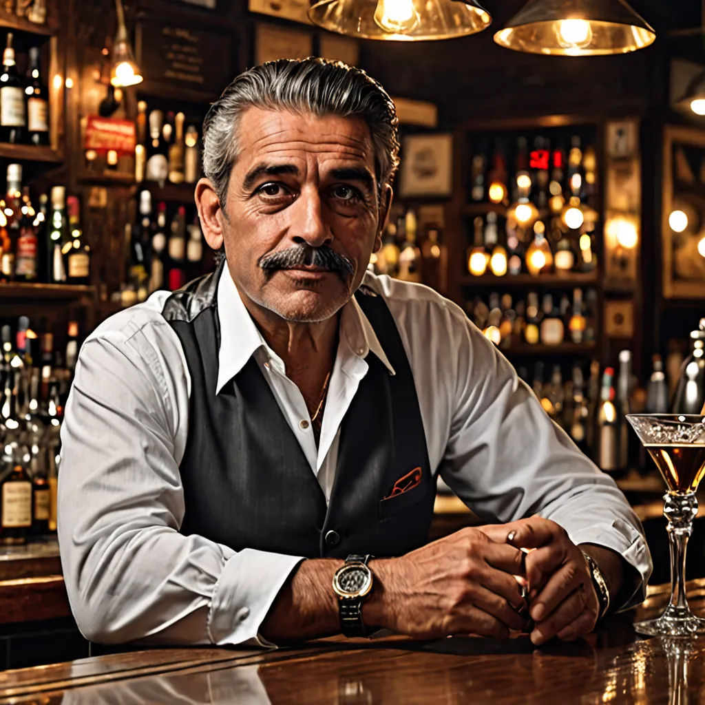 a man sitting at a bar with a moustache on his face and a moustache on his neck, private press, a character portrait, Carlo Martini, promotional image