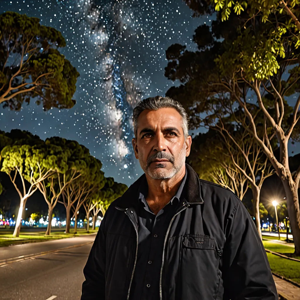 a man standing on a street with a sky full of stars in the background and trees in the foreground, precisionism, a character portrait, Ahmed Karahisari, promotional image