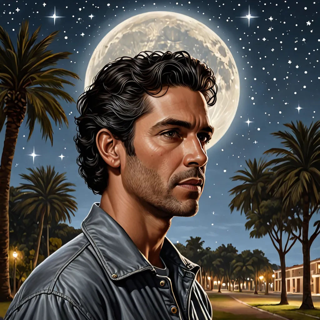 a painting of a man in a leather jacket looking at the moon in the sky with palm trees in the background, serial art, poster art, F. Scott Hess, promotional image