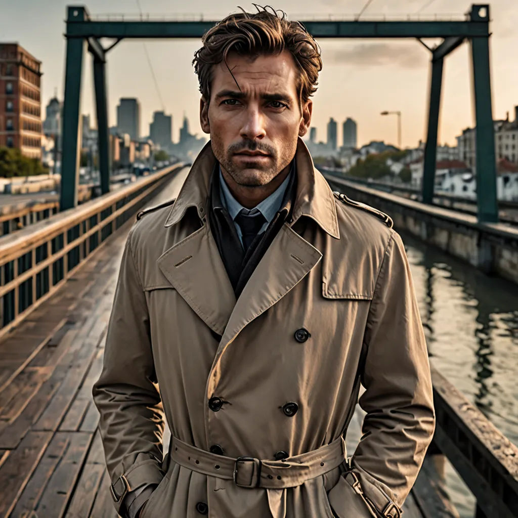 a man in a trench coat standing on a bridge over a river with a city in the background and a bridge in the foreground, new objectivity, a character portrait, Christian Hilfgott Brand, promotional image