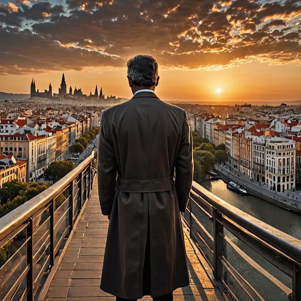 a man in a trench coat looking out over a city at sunset with a view of a river and a bridge, art photography, a matte painting, Ferenc Joachim, cinematic photography