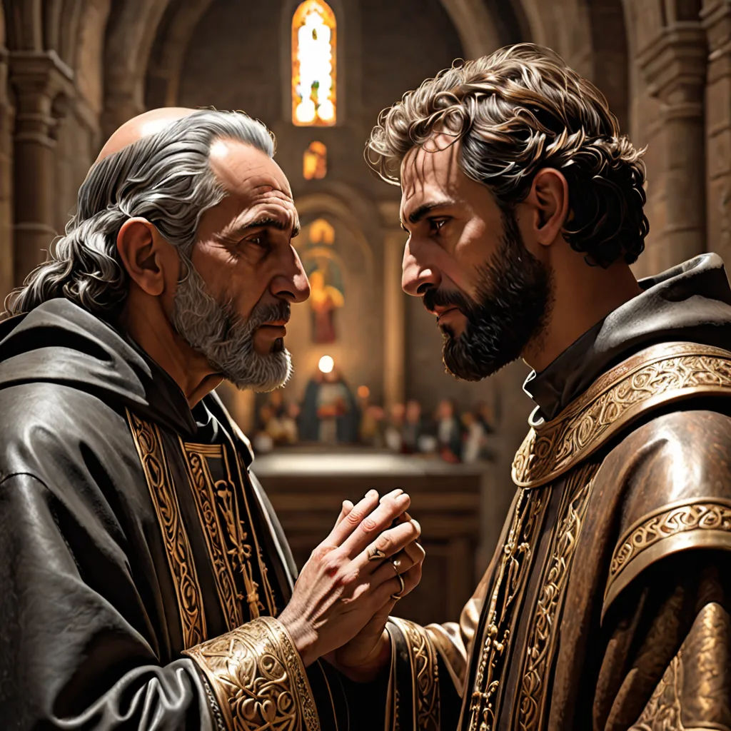a painting of two men in a church with a priest in the background and a priest in the foreground, renaissance, a renaissance painting, Brothers Hildebrandt, promotional image