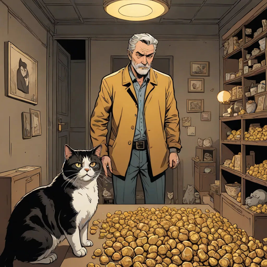 a man standing in a room with a cat next to a pile of potatoes and a cat sitting on the floor, official art, context art, a comic book panel, Alan Davis