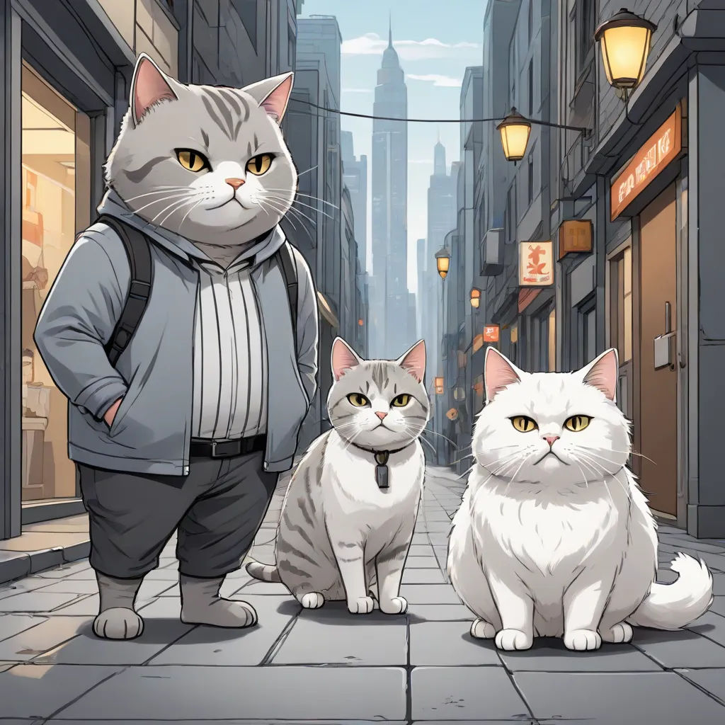 a man and two cats are standing on a city street with a street light in the background and a man in a gray jacket and a white cat, official art, furry art, a comic book panel, Chen Hong