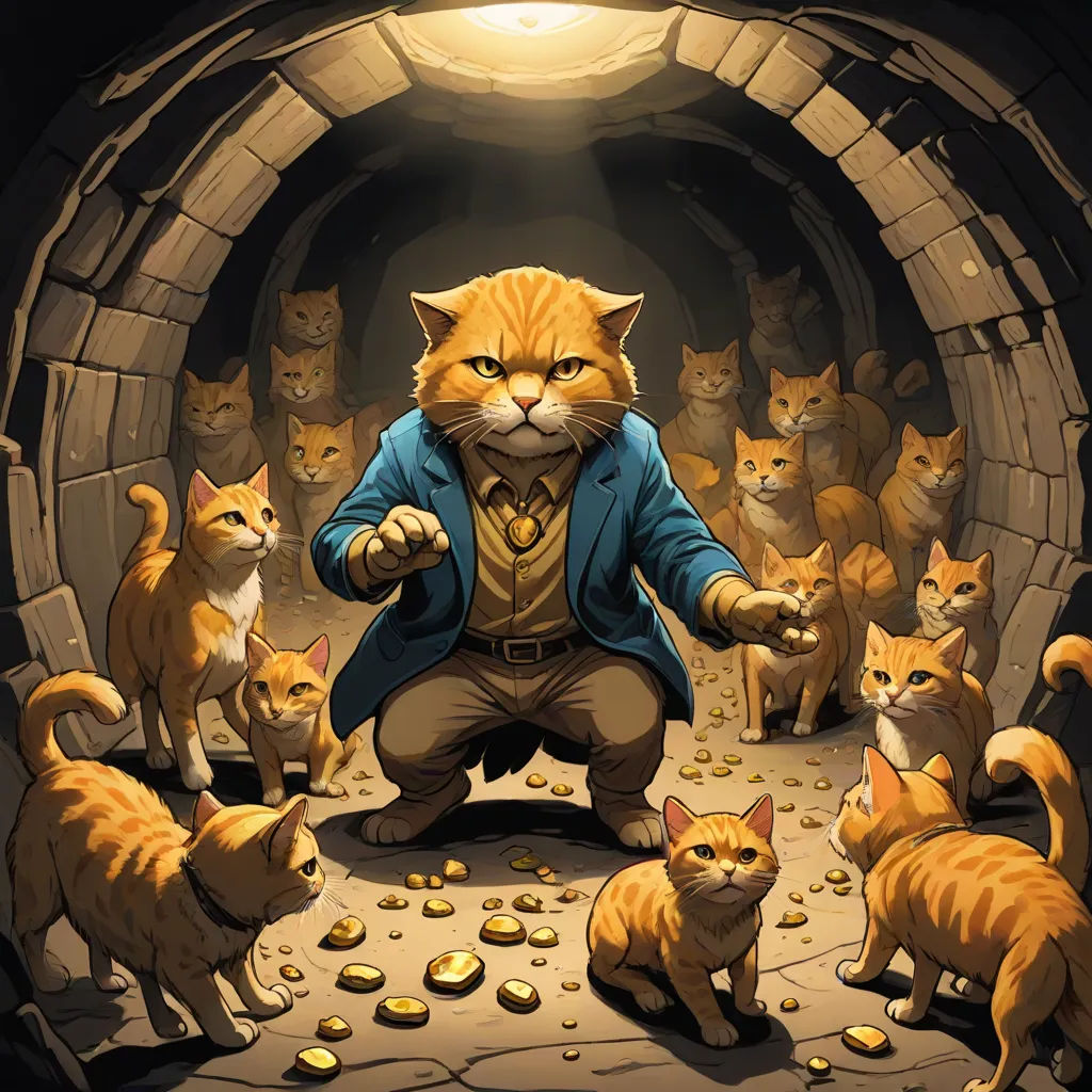 a man surrounded by cats in a cave with a light on his head and a cat in the middle, furaffinity, furry art, a comic book panel, Dan Mumford