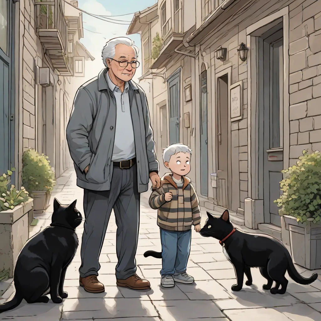 a man and a child standing on a sidewalk with a cat and a dog nearby on a sunny day, official art, magical realism, a storybook illustration, Asaf Hanuka