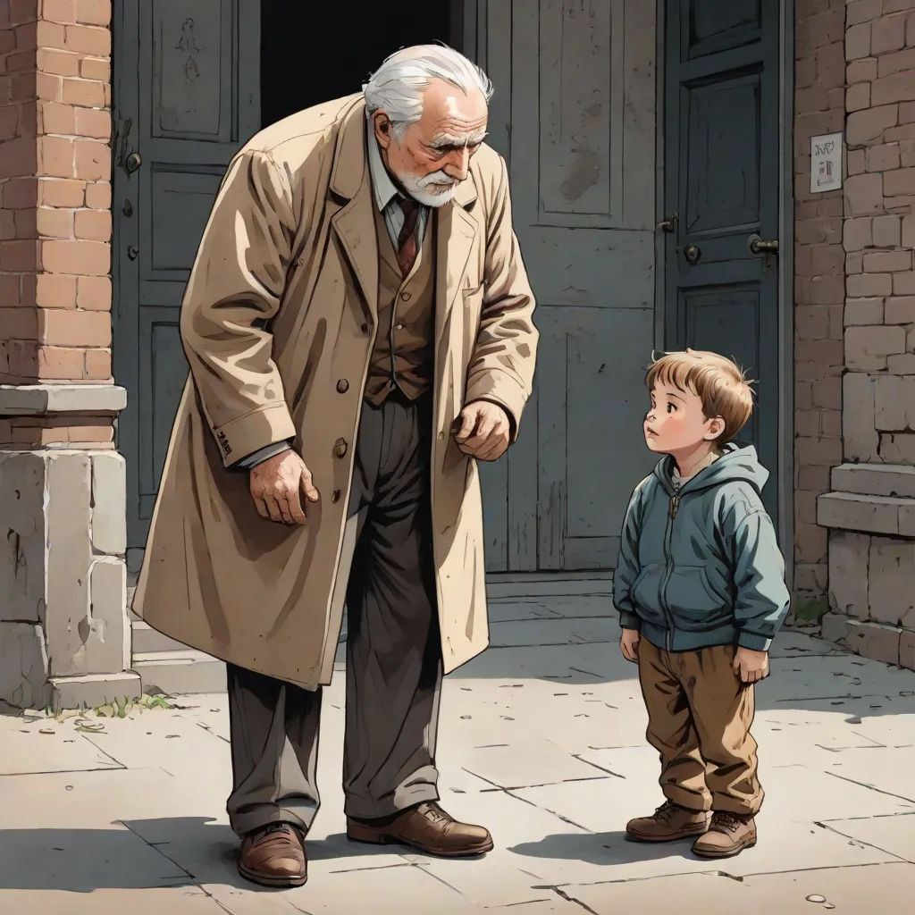 a man in a trench coat and a boy in a green jacket stand on a sidewalk in front of a building, ghibli, socialist realism, a storybook illustration, Brothers Hildebrandt