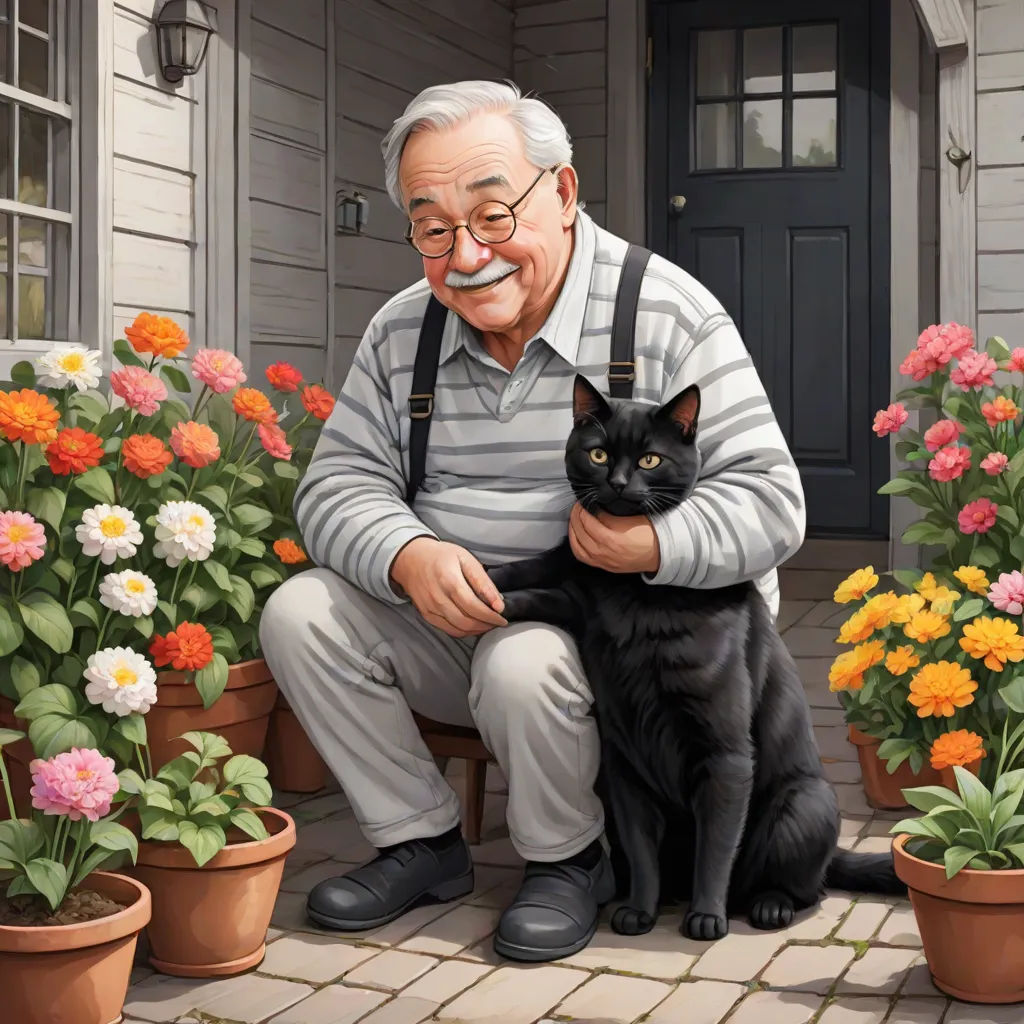 a painting of a man sitting on a bench with a cat in front of flowers and potted plants, highly detailed digital painting, photorealism, a storybook illustration, Bob Byerley