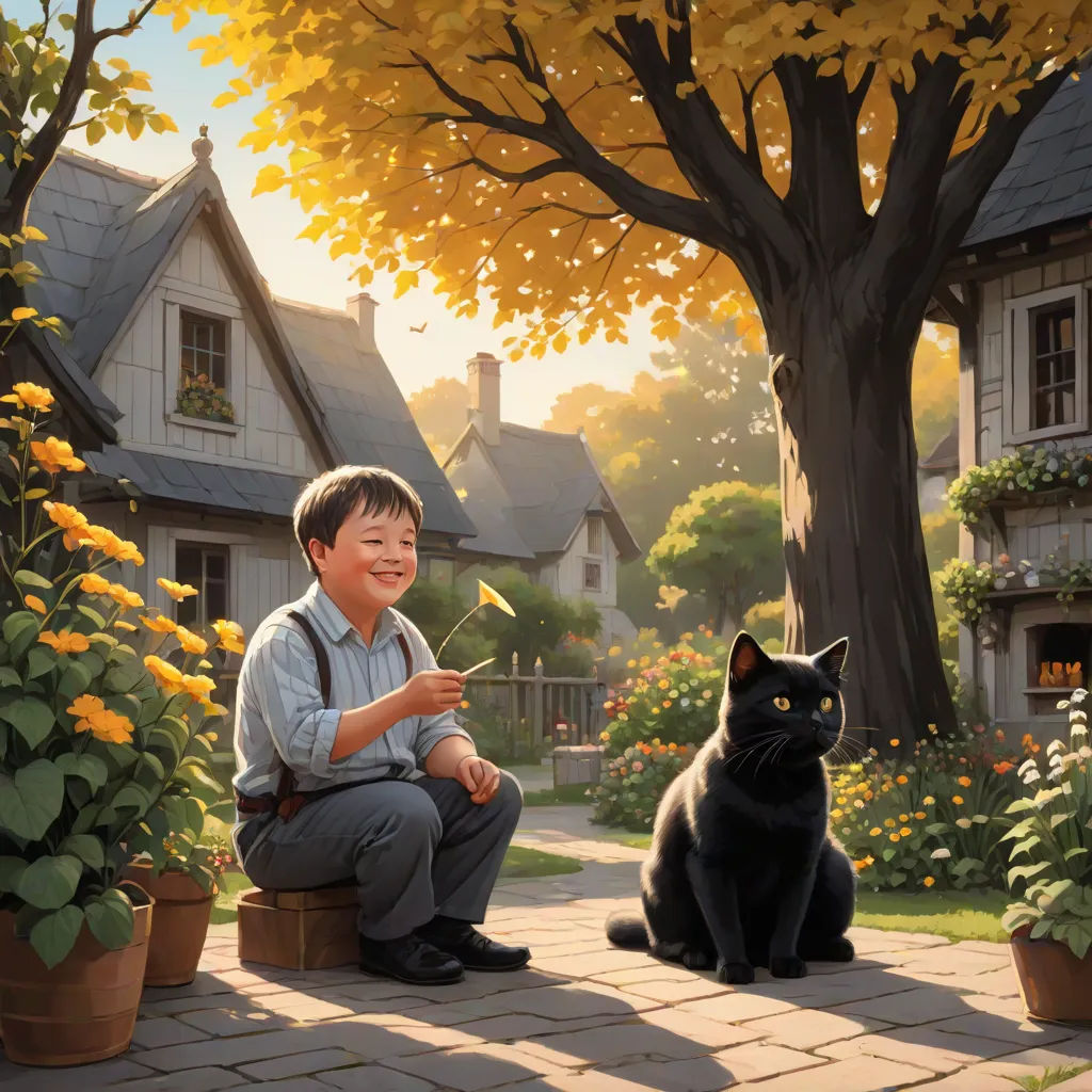 a boy sitting on a bench next to a black cat and a house with yellow flowers in the background, official art, american scene painting, a storybook illustration, Aaron Jasinski