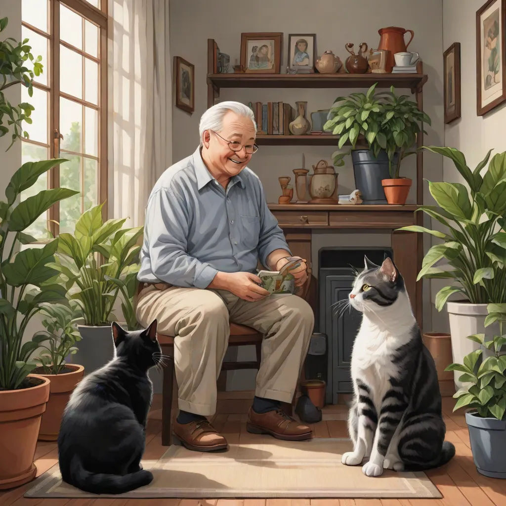 a man sitting in a chair next to a cat and a cat sitting on a rug in front of a fireplace, official art, american scene painting, a storybook illustration, Bob Byerley
