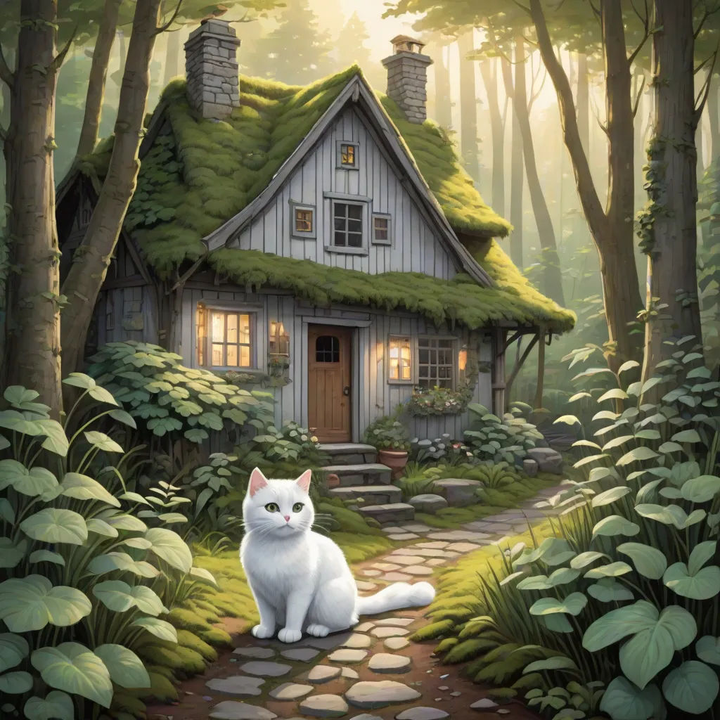 a white cat sitting in front of a house in the woods with a pathway leading to it and a pathway leading to the house, kinkade, fantasy art, a storybook illustration, Chris LaBrooy