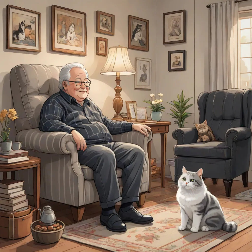 a man sitting in a chair next to a cat on a rug in a living room with a cat sitting on the floor, official art, sots art, a storybook illustration, Bob Byerley