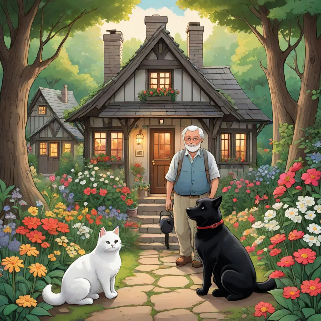 a man standing next to a black cat and a white dog in front of a house with flowers and trees, storybook illustration, fantasy art, a storybook illustration, E. William Gollings