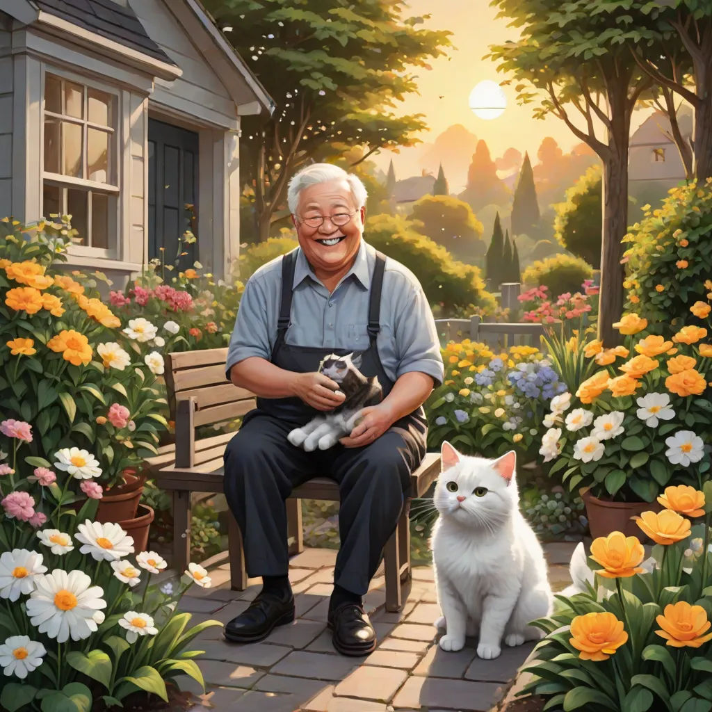 a man sitting on a bench next to a cat and flowers in a garden with a dog and cat, official art, sots art, a storybook illustration, Choi Buk
