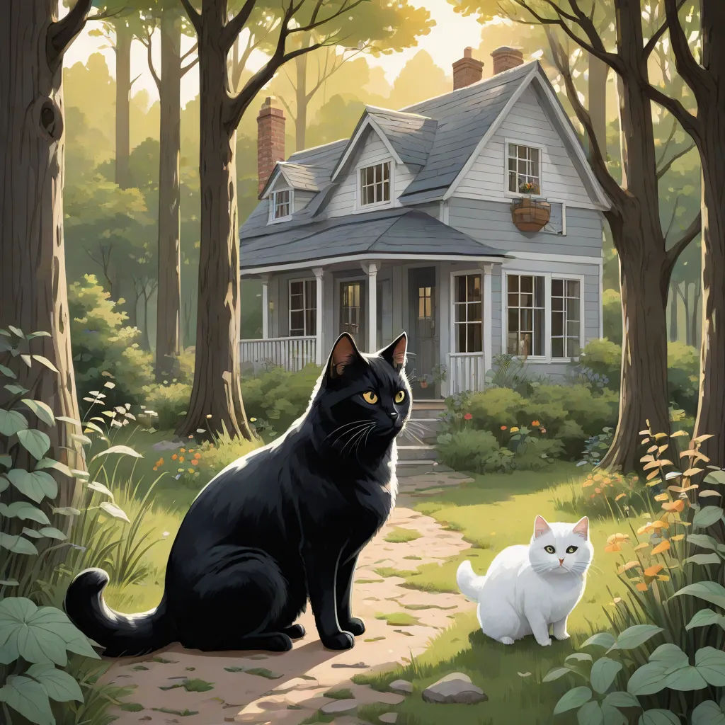 a black cat and a white cat sitting in front of a house in the woods with a path leading to it, official art, fantasy art, a storybook illustration, Brothers Hildebrandt