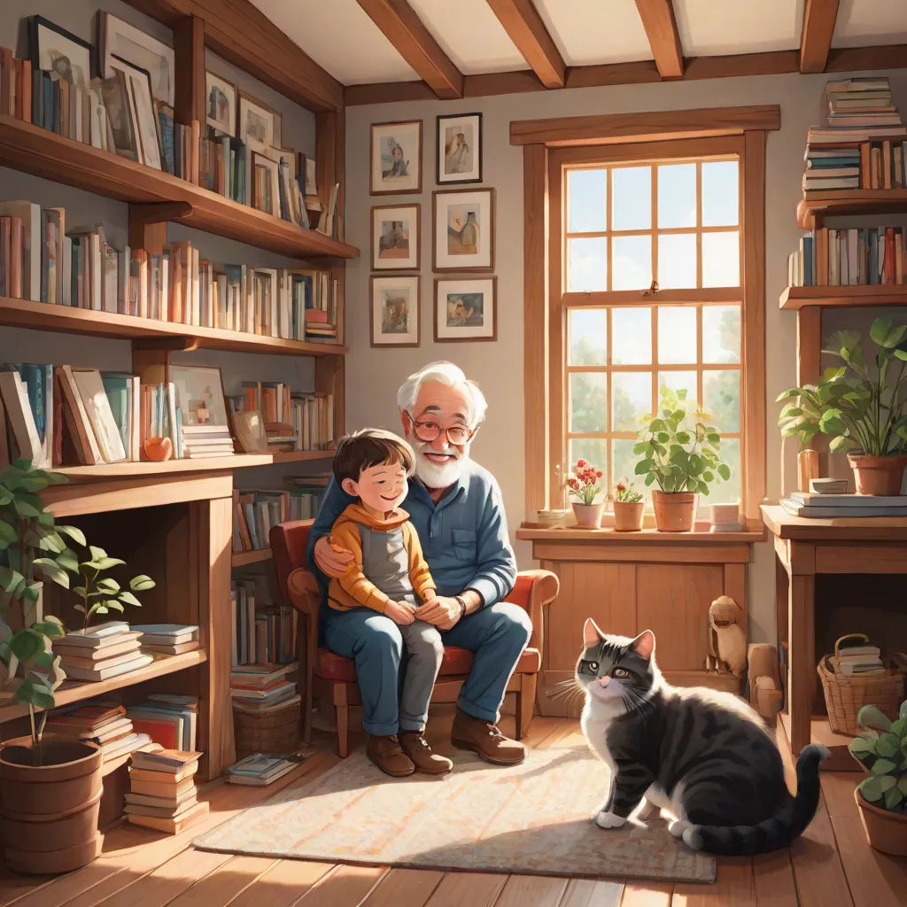 a man and a child are sitting in a room with a cat and a cat sitting on the floor, storybook illustration, art & language, a storybook illustration, Cliff Childs
