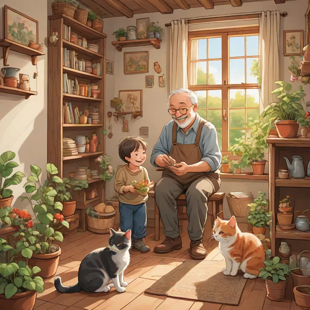 a man and a boy are in a room with a cat and a cat sitting on the floor and a cat is looking at a potted plant, storybook illustration, sots art, a storybook illustration, Aaron Jasinski