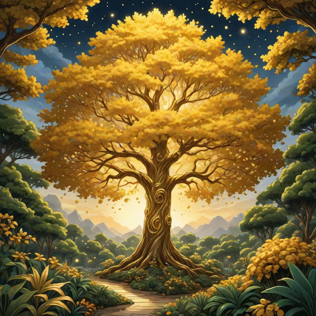 a painting of a tree with a path leading to it and stars in the sky above it, and a path leading to it, fantasy artwork, fantasy art, a storybook illustration, Christophe Vacher