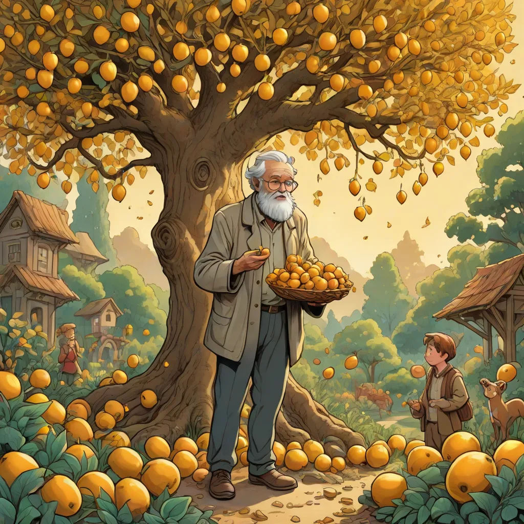a man holding a basket of oranges under a tree with a little boy nearby in a garden with oranges, storybook illustration, fantasy art, a storybook illustration, Aaron Jasinski
