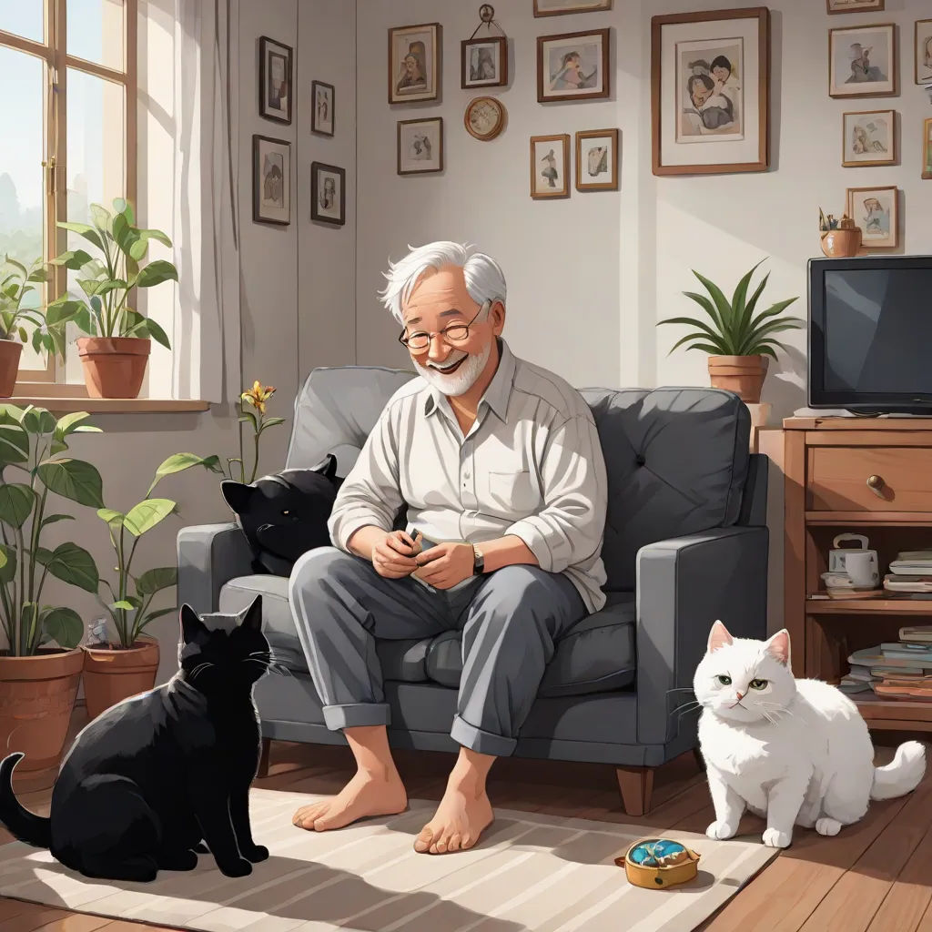 a man sitting on a couch next to two cats and a cat bowl with a cat on it's side, ghibli, sots art, a storybook illustration, Adam Manyoki