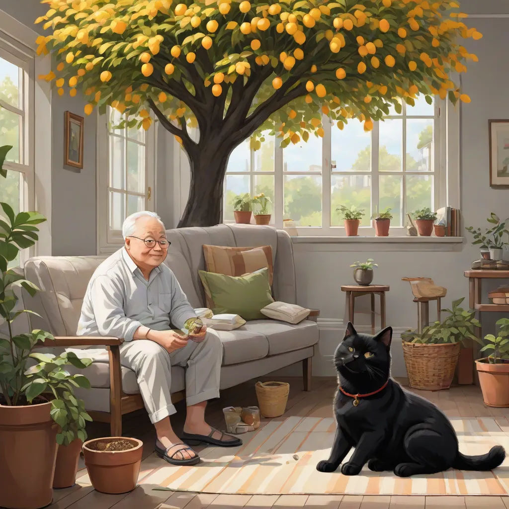 a painting of a man sitting on a couch next to a black cat and a tree with yellow leaves, official art, magic realism, a storybook illustration, Chris LaBrooy