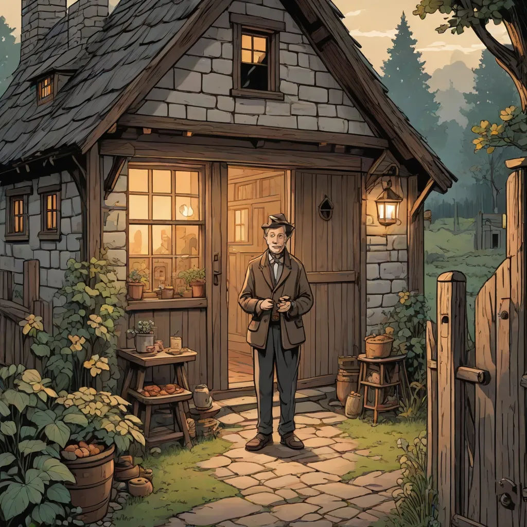 a man standing in front of a small house with a lit up door and window on the side of it, storybook illustration, arts and crafts movement, a storybook illustration, Dan Mumford