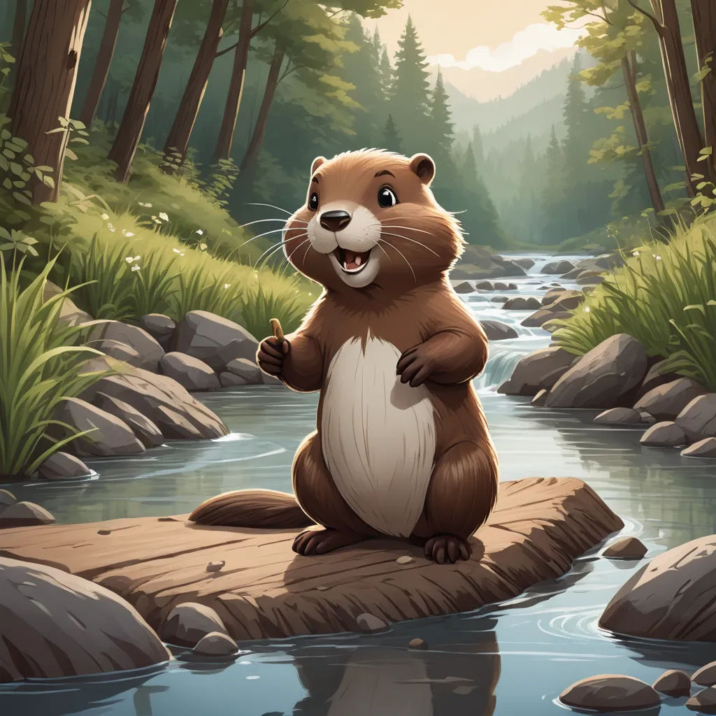 a beaver standing on a rock in a river with a forest background and a stream running through it, with a forest scene in the background, sots art, a storybook illustration, Chris LaBrooy, official art