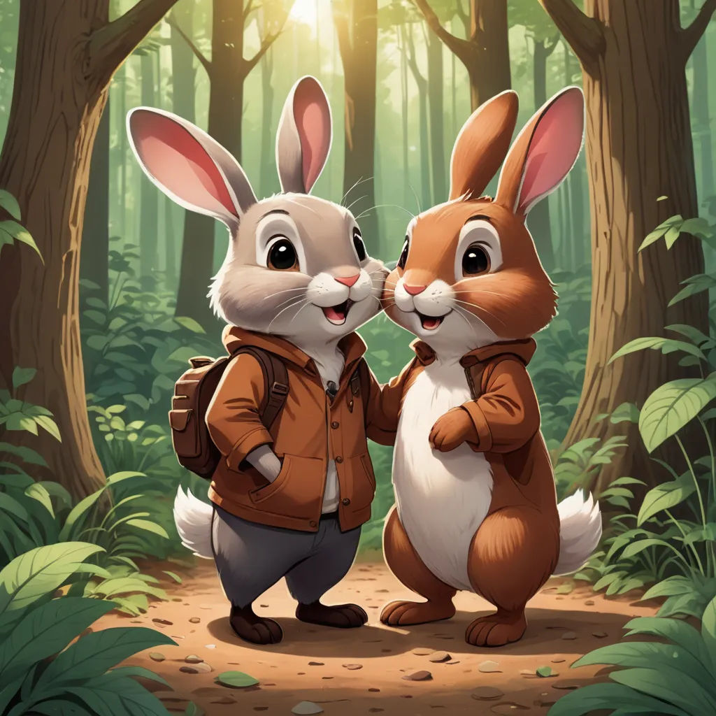 a couple of rabbits standing next to each other in a forest with trees and leaves on the ground and sunlight shining through the trees, furry art, a storybook illustration, Dan Mumford, official art