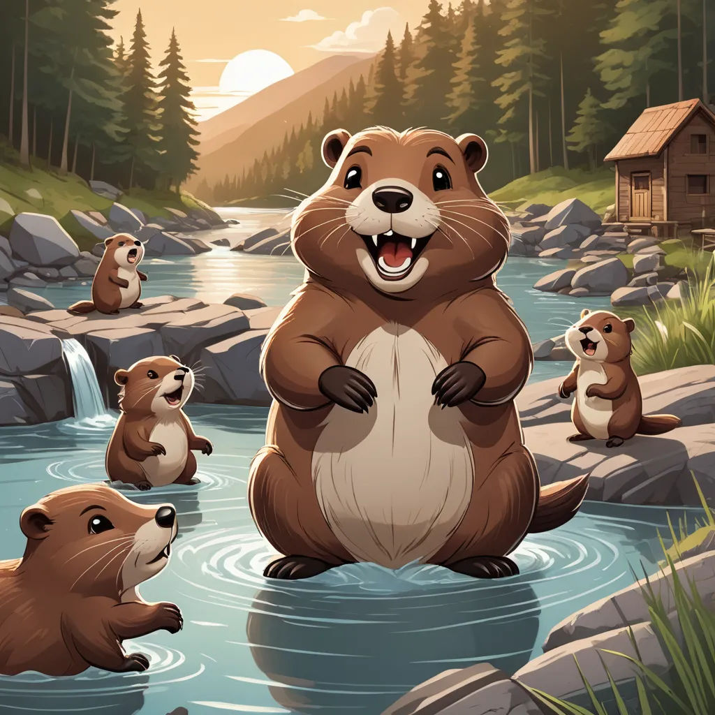 a beaver standing in a river surrounded by other beavers and a cabin in the background with a stream running through it, sots art, a storybook illustration, Dan Mumford, game art