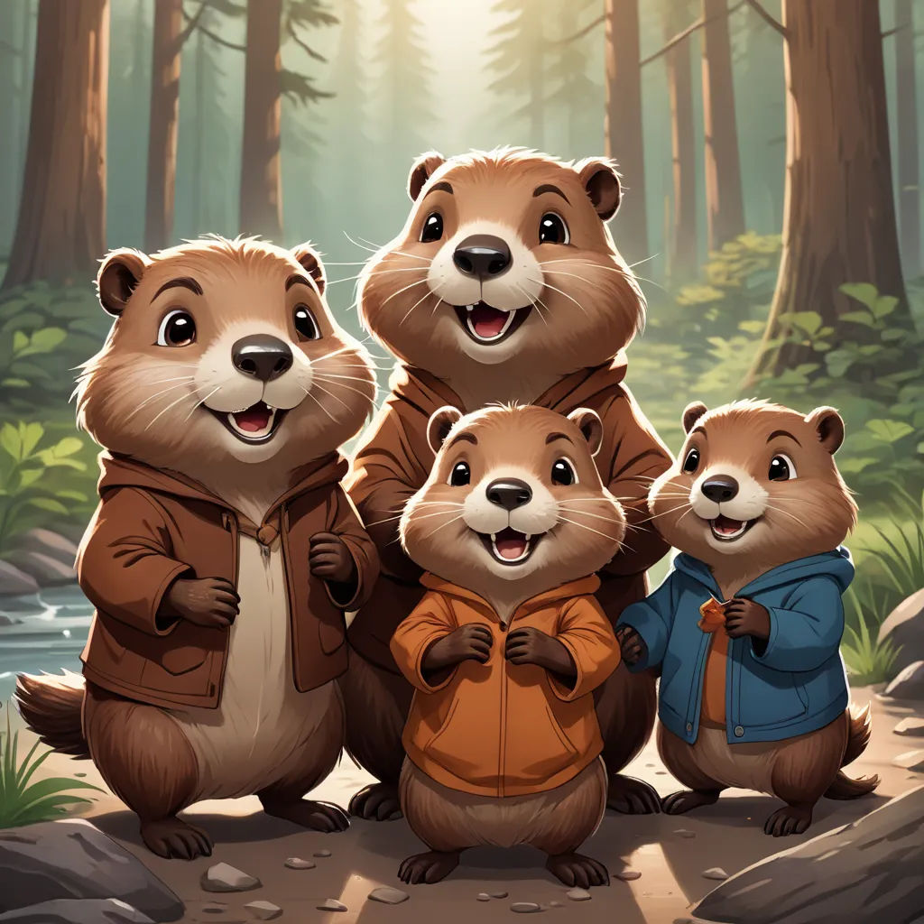 a group of beavers standing in the woods together with a little boy standing between them and a girl standing between them, sots art, concept art, Brothers Hildebrandt, official art