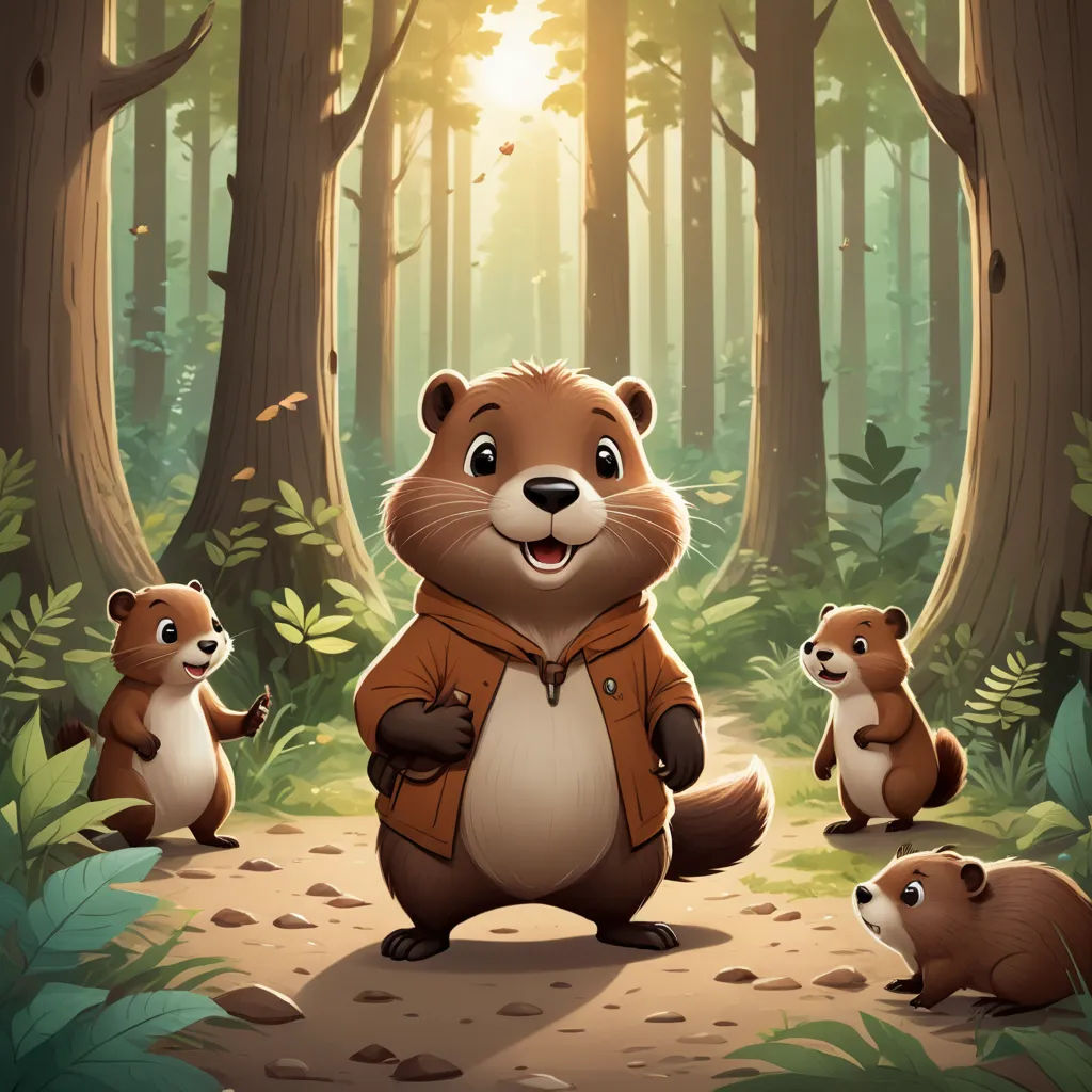 a beaver standing in the middle of a forest with other beavers around him and a sun shining through the trees, sots art, a character portrait, Chris LaBrooy, key art