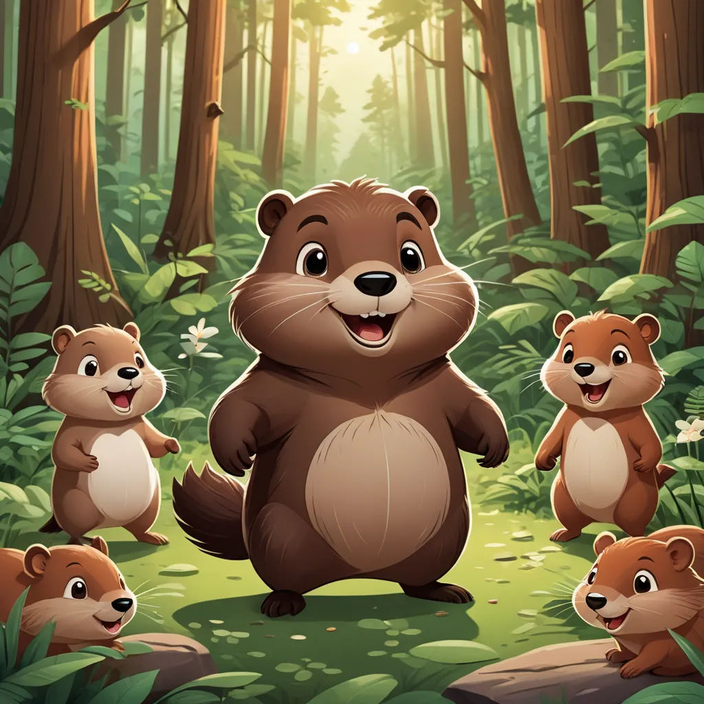 a beaver family in the forest with a sunbeam in the background illustration by alex krapfke, sots art, a storybook illustration, Chris LaBrooy, official art