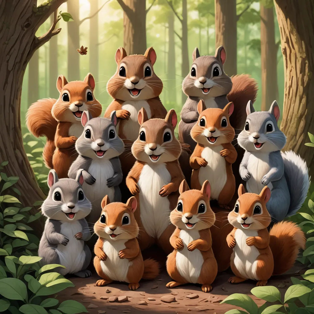 a group of squirrels standing in the woods together with their tails curled up and their eyes closed, with a squirrel sitting on the ground, furry art, a digital painting, Chris LaBrooy, official art