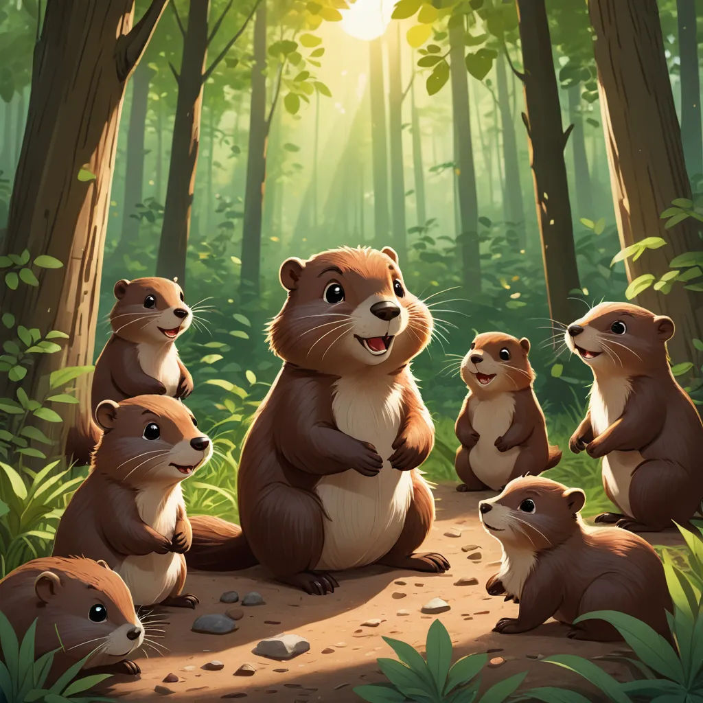 a group of otters standing in a forest with sunlight shining through the trees and leaves on the ground, sots art, a storybook illustration, Chris LaBrooy, official art