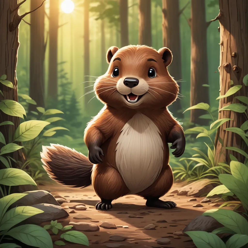 a cartoon beaver standing in the middle of a forest with sunlight shining through the trees and leaves on the ground, sots art, a character portrait, Chris LaBrooy, official art