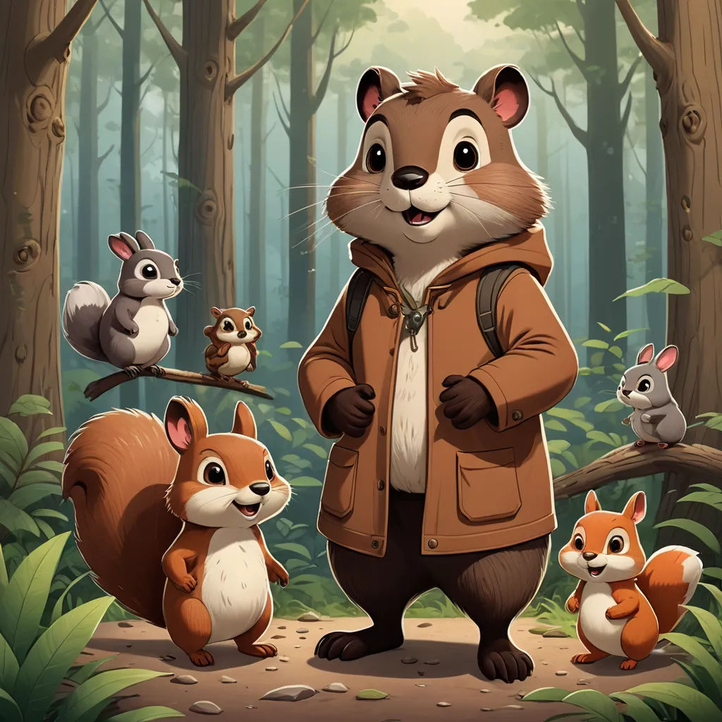 a man in a brown jacket standing next to a group of animals in a forest with a squirrel on a tree branch, sots art, a character portrait, Chris LaBrooy, key art